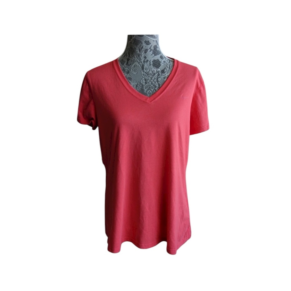 NIKE DRI - FIT Top Shirt Short Sleeve V-Neck Logo Salmon Women’s Size Medium
